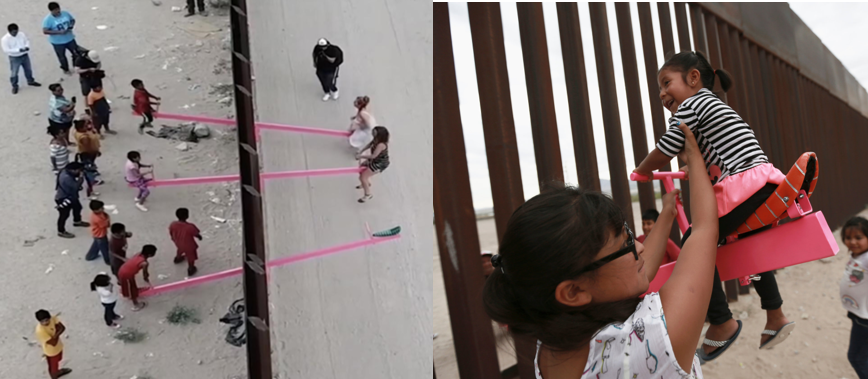 Pink neon seesaws straddling Mexico/US border nurture play in the face of seriousness & political malaise